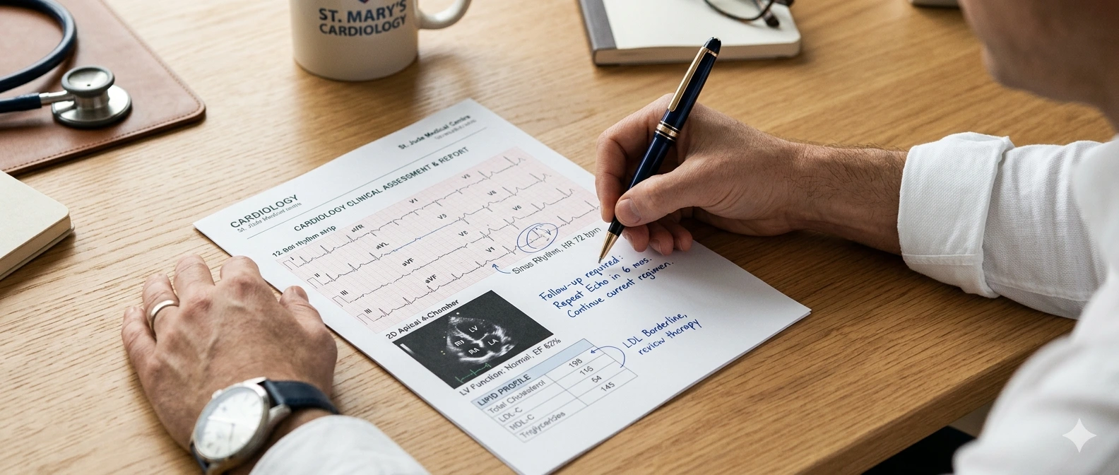 Cardiologist writing a medicolegal report