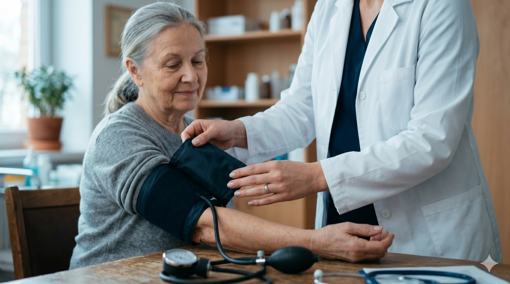 Blood pressure check during a preventive cardiology consultation