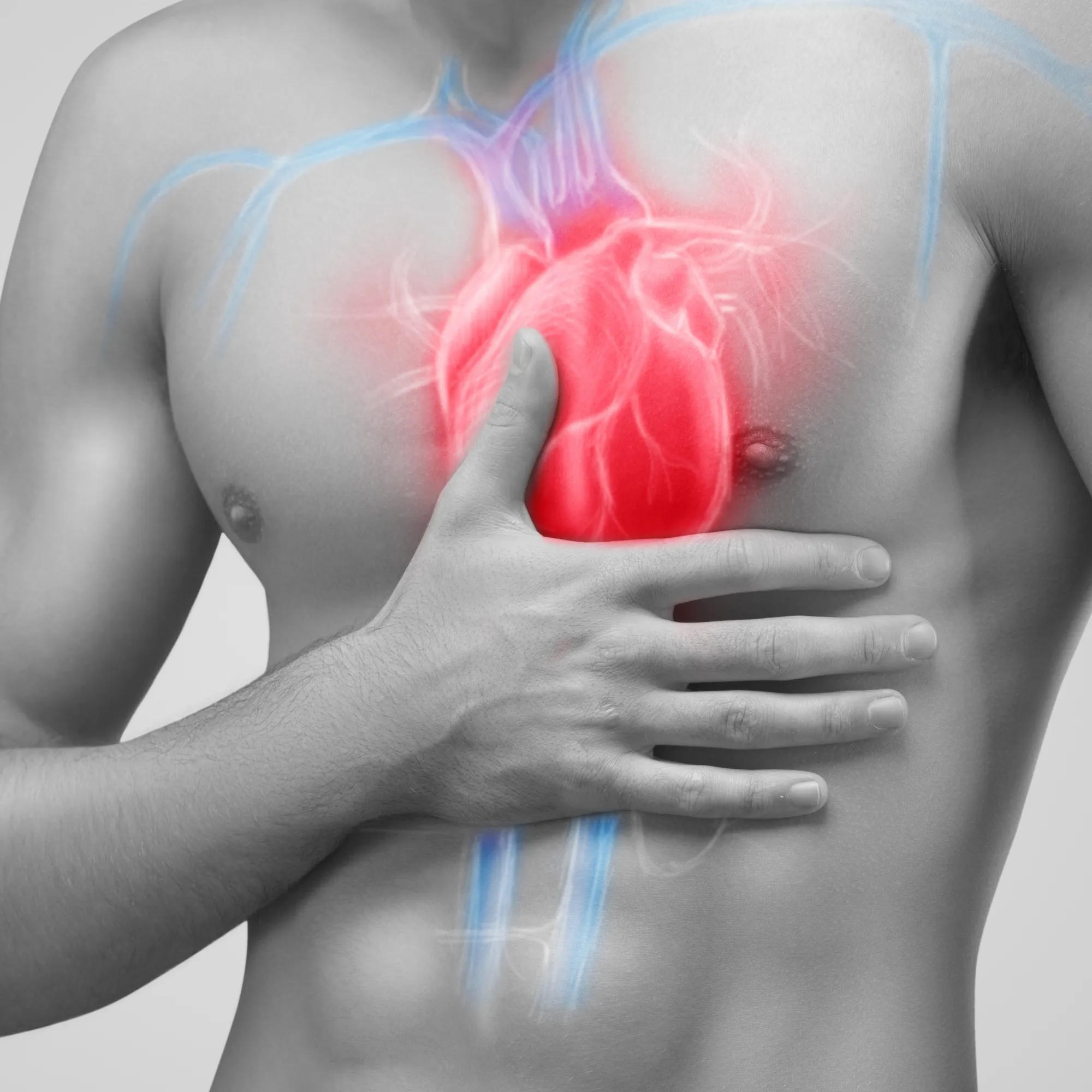 Man experiencing chest pain with the heart highlighted