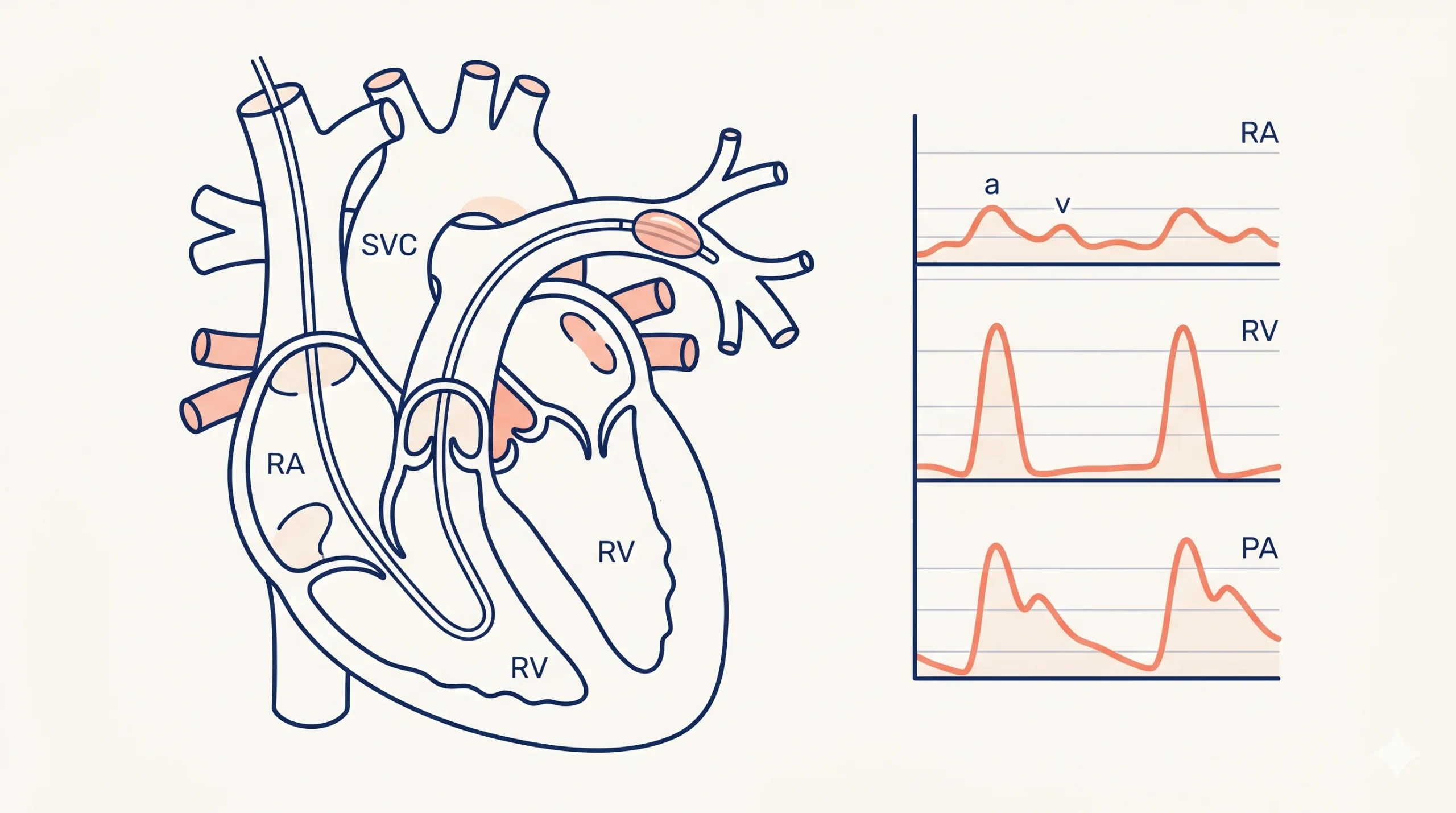 Right heart catheterisation diagram with cardiac pressure waveforms